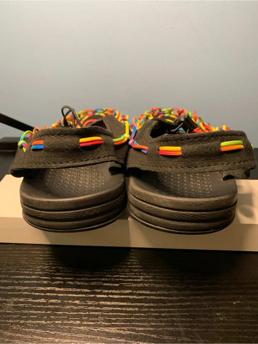 Men's Rainbow Cord Knit Black Sandals - Multicolor Elastic Straps
